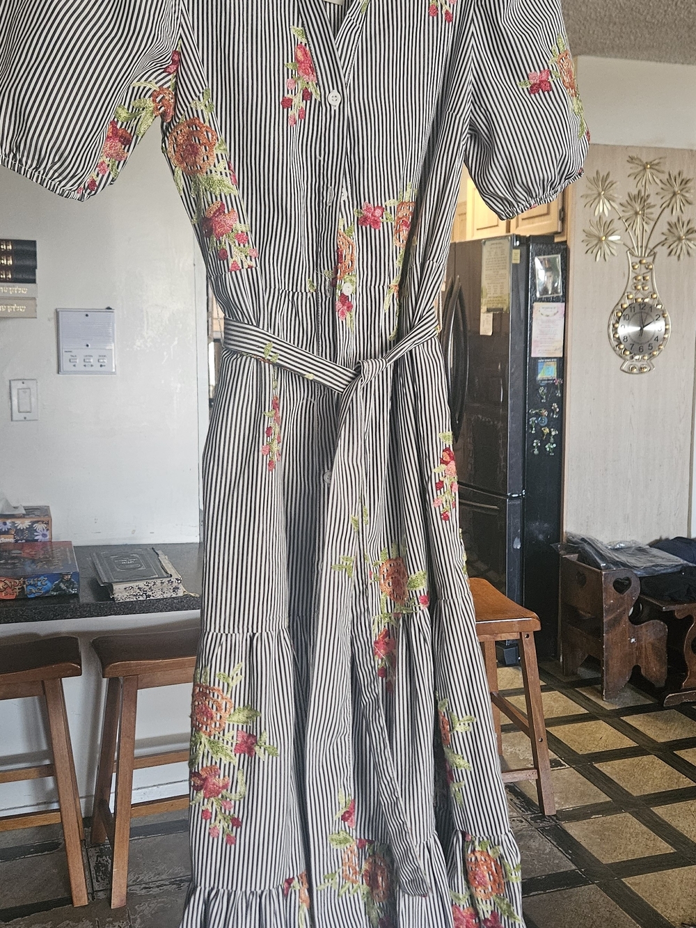 Striped Blue & White Floral Maxi Dress with Tie Waist